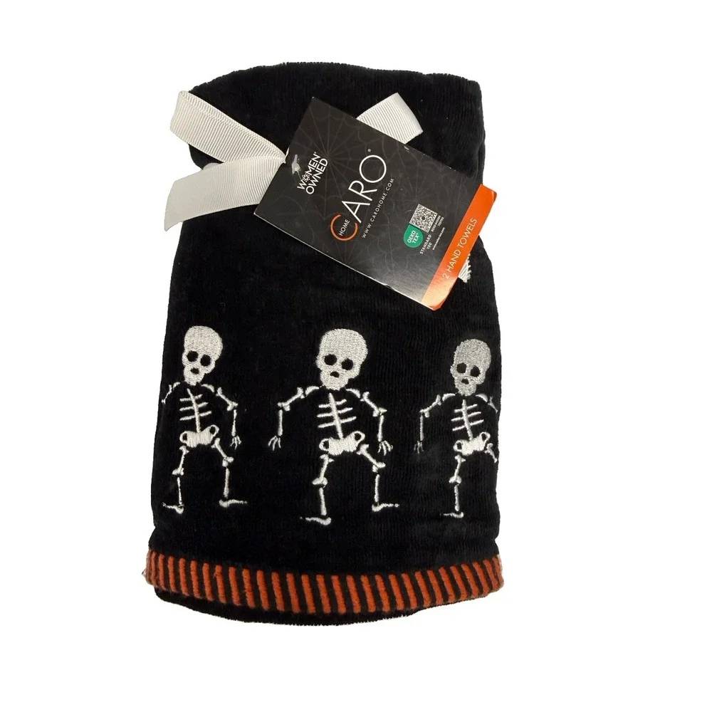 New CARO Home Halloween Skeleton Embroidered Hand Towel Set Black, 2 Towels
